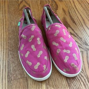Sanuk Pink Gold Pineapple Print Canvas Flats 11 Slip On Casual Shoes Vacation